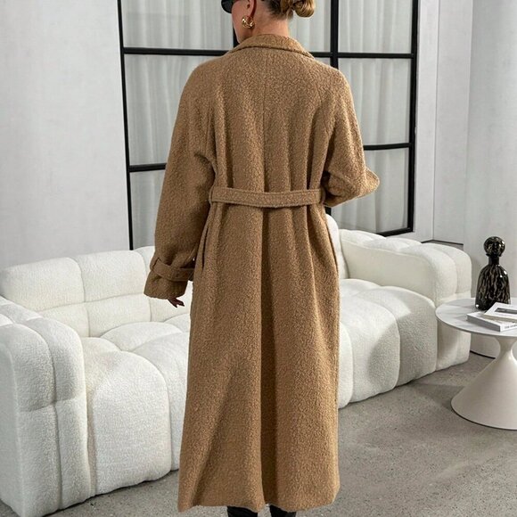 Khaki Casual Women's Teddy Fleece Oversized Trench Coat - Picture 2 of 7